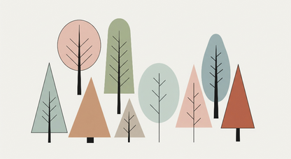 Kids-Mundo flat artwork of geometric pastel trees in sage, blue, terracotta and blush tones.