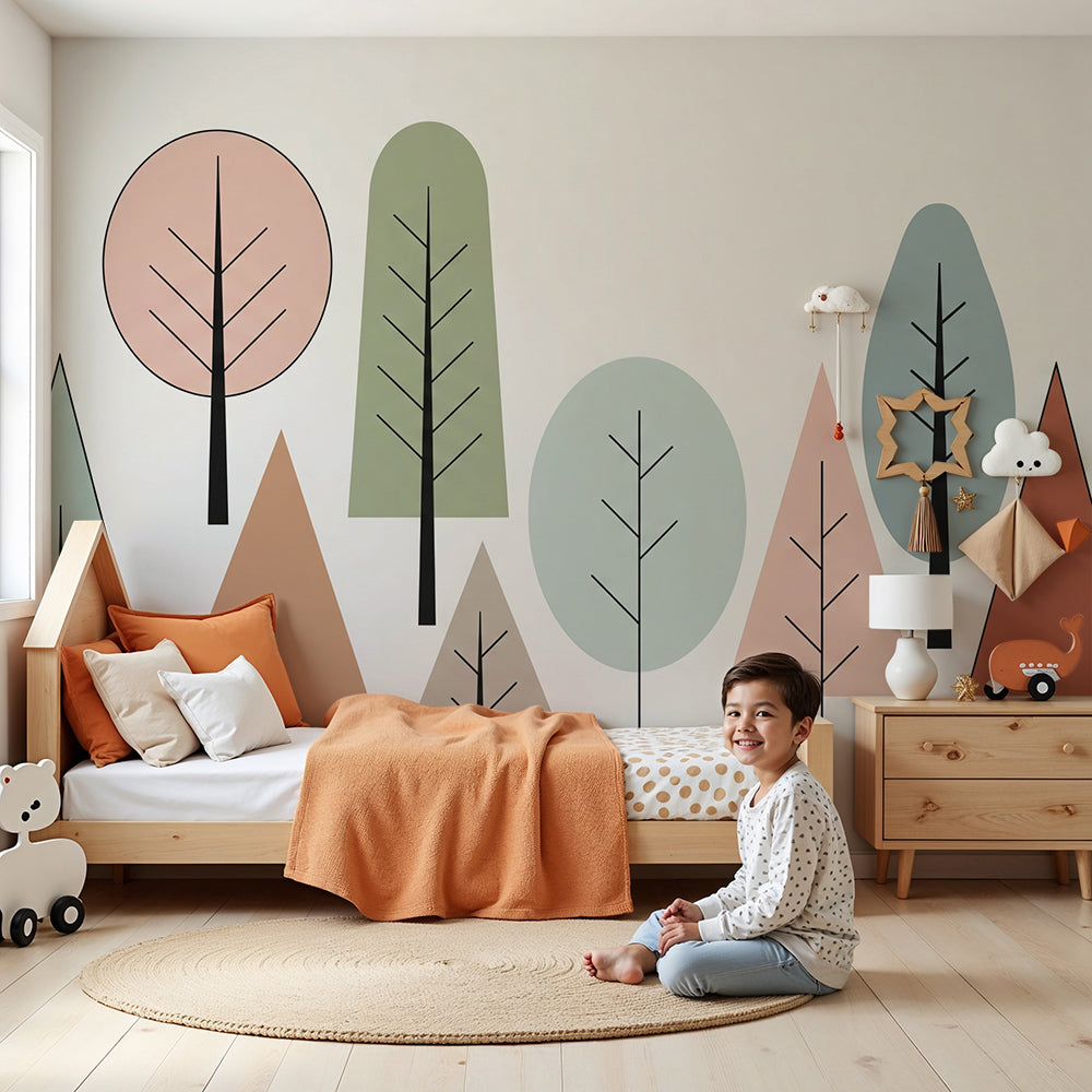 Kids-Mundo geometric pastel forest wall mural styled in a calm, modern nursery setting.
