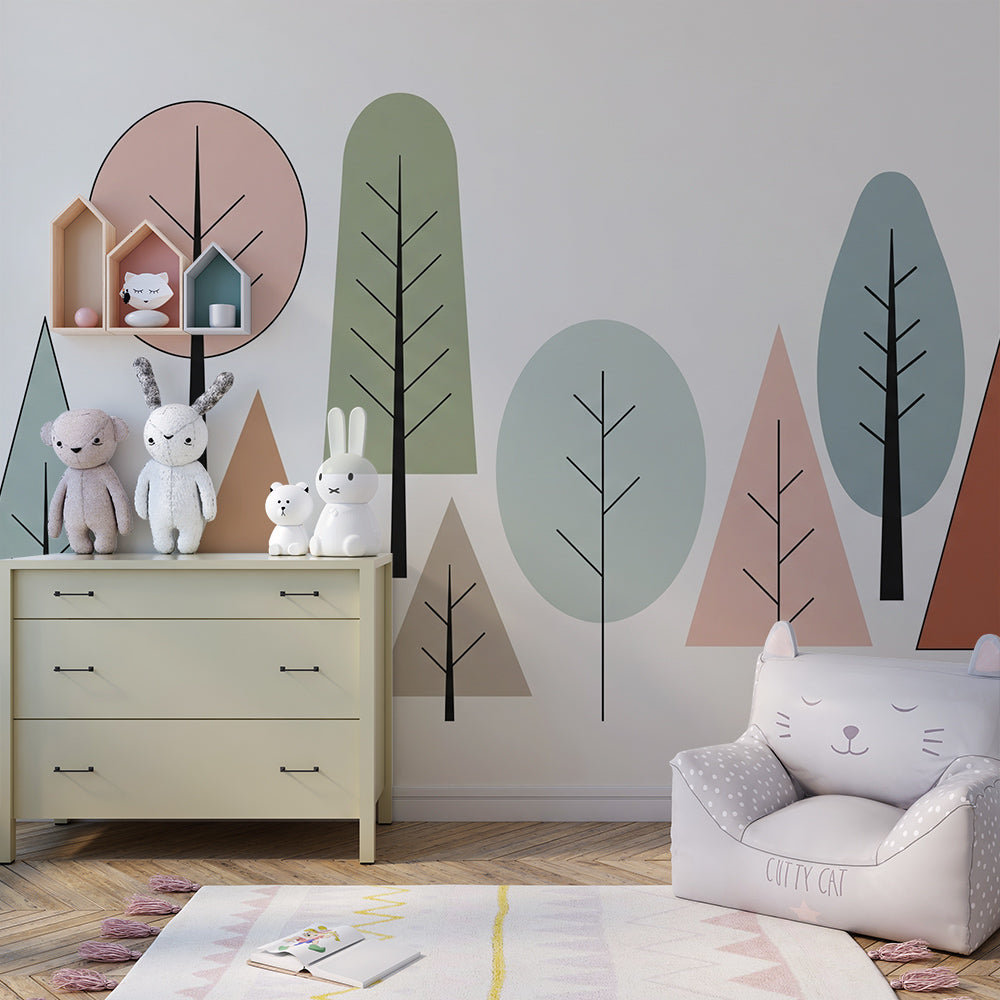Kids-Mundo pastel forest wall mural bringing a Scandi-style backdrop to a bright family playroom.