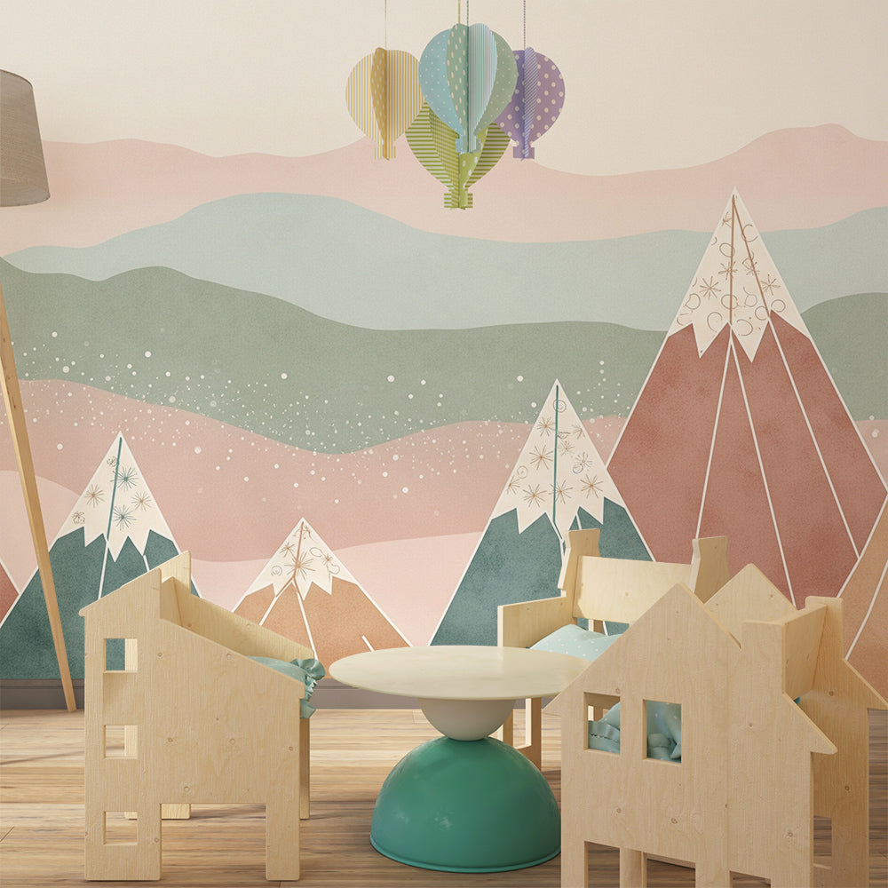 Kids-Mundo geometric mountain peaks mural covering a feature wall in a kids' bedroom