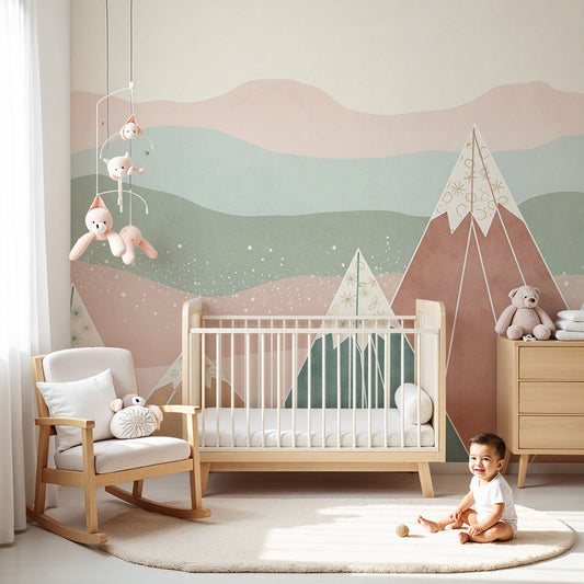 Kids-Mundo geometric pastel mountain wall mural styled behind a cot in a bright modern nursery