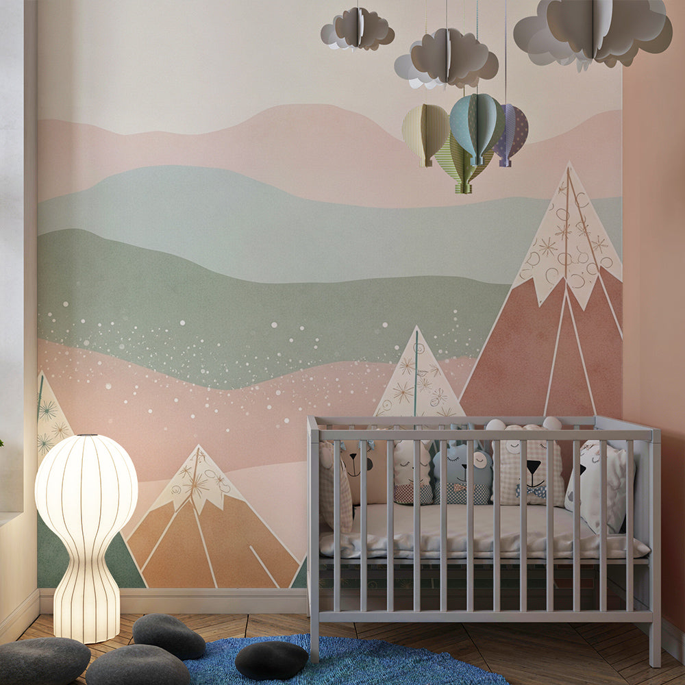 Kids-Mundo geometric pastel mountain wall mural brightening a colourful children's playroom