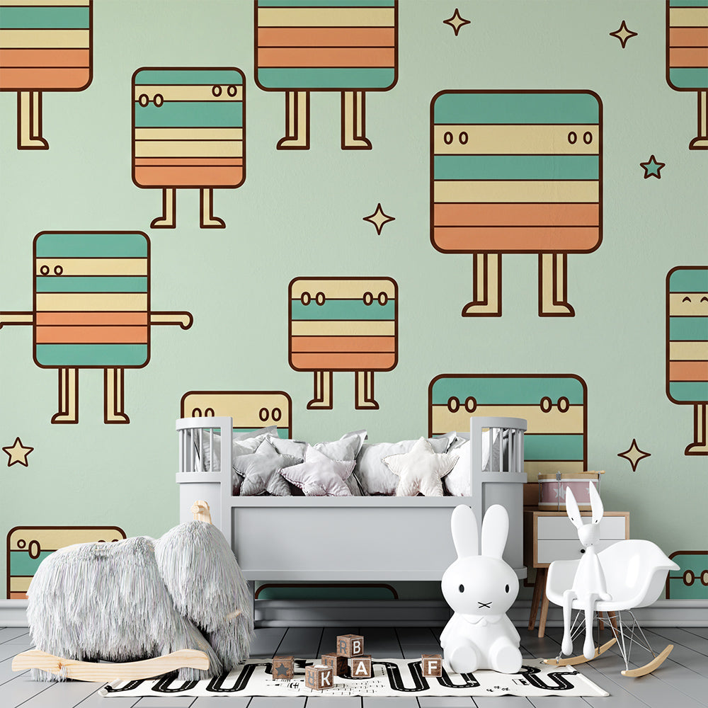 Kids-Mundo striped character wall mural covering a feature wall in a kids bedroom