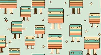 Kids-Mundo flat artwork of striped box characters and stars in teal, cream and terracotta