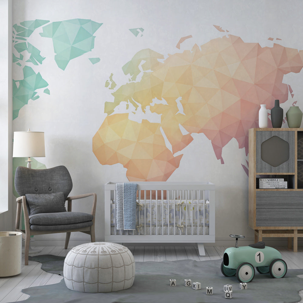 Pastel geometric world map wallpaper creating educational decor in children's bedroom