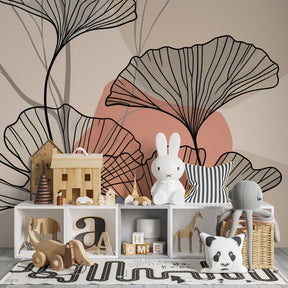 Soft pink and beige ginkgo wallpaper in modern children's bedroom setting