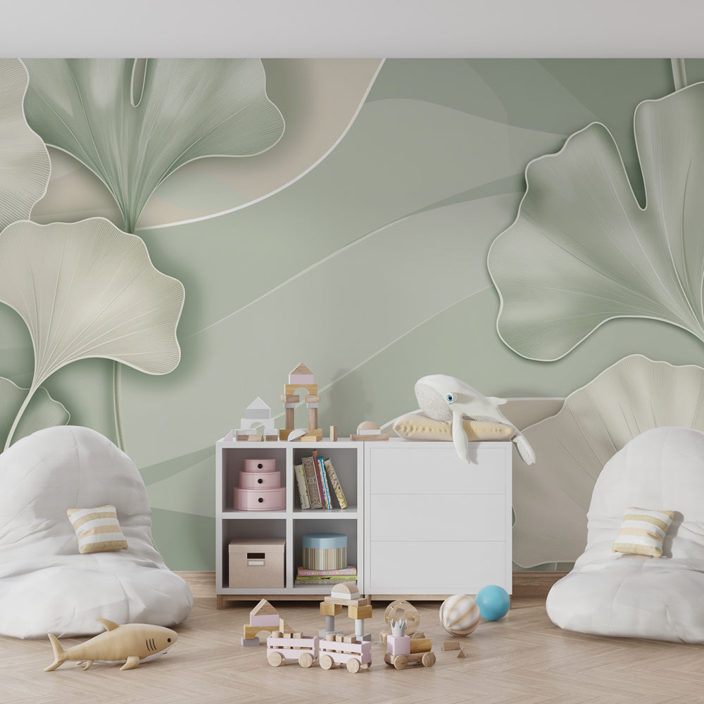 Delicate ginkgo botanical mural wallpaper in modern children's bedroom with wooden furniture by Kids-Mundo