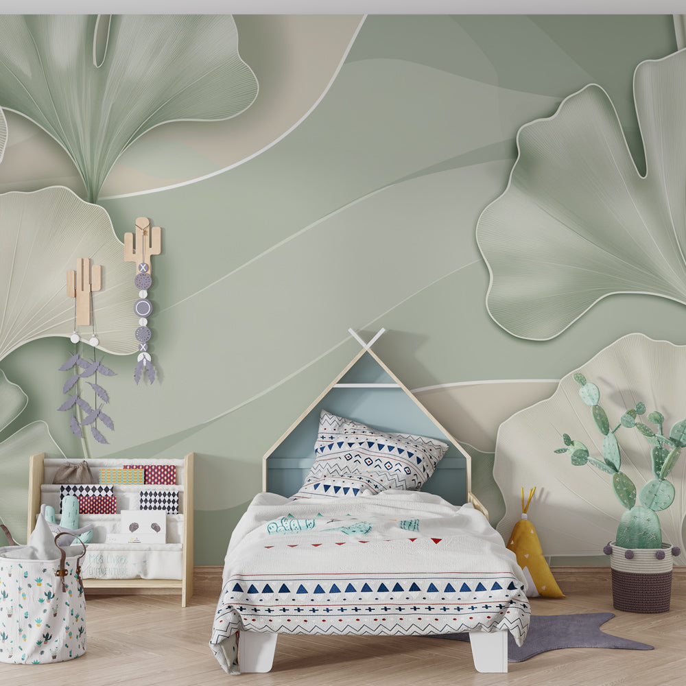 Close-up view of ginkgo leaves mural wallpaper showing detailed botanical pattern in children's room