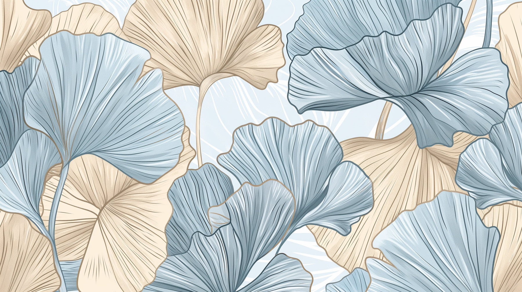 Detailed ginkgo leaves mural wallpaper design pattern in soft blue and beige by Kids-Mundo