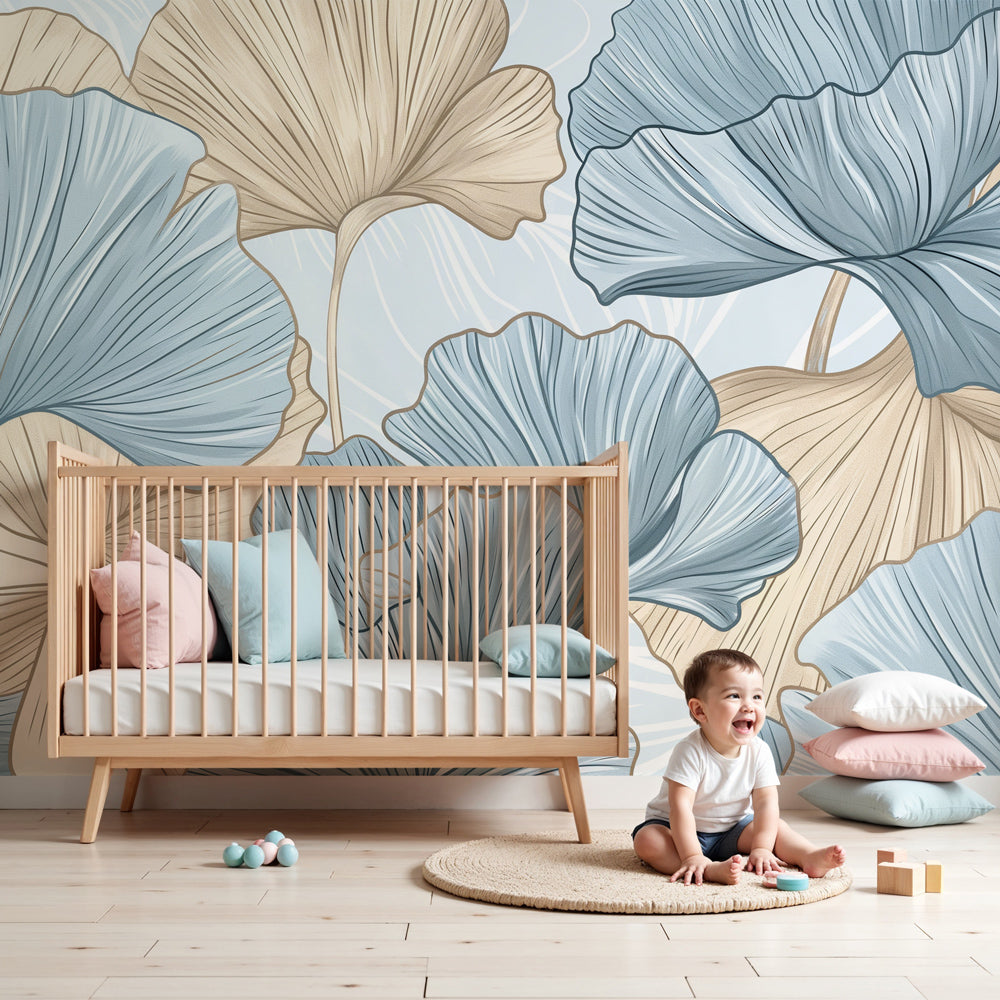 Ginkgo leaves mural wallpaper in soft blue tones creating peaceful nursery decor by Kids-Mundo