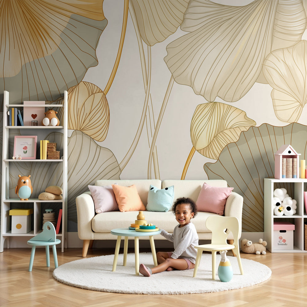 Golden ginkgo leaves mural wallpaper in modern nursery with natural wood furniture by Kids-Mundo