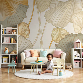 Golden ginkgo leaves mural wallpaper in modern nursery with natural wood furniture by Kids-Mundo