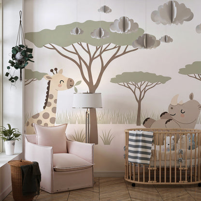 Kids-Mundo giraffe and rhino wall mural resting above a bed in a kids bedroom