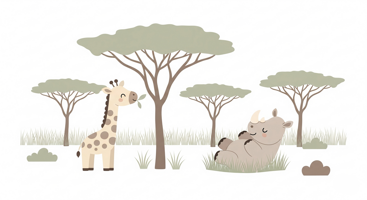 Giraffe and Rhino Resting Under Acacia Trees Wall Mural