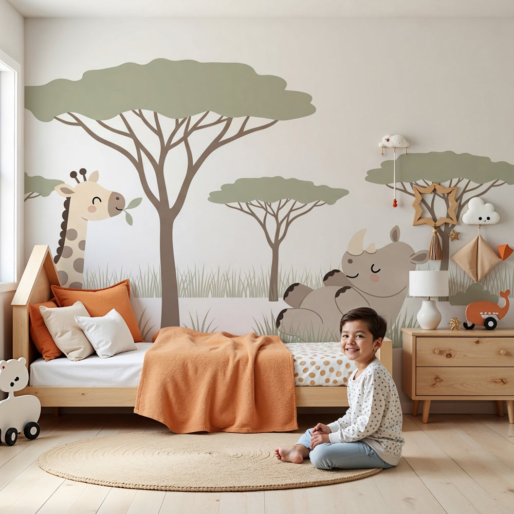 Kids-Mundo giraffe and rhino wall mural bringing gentle savannah charm to a nursery