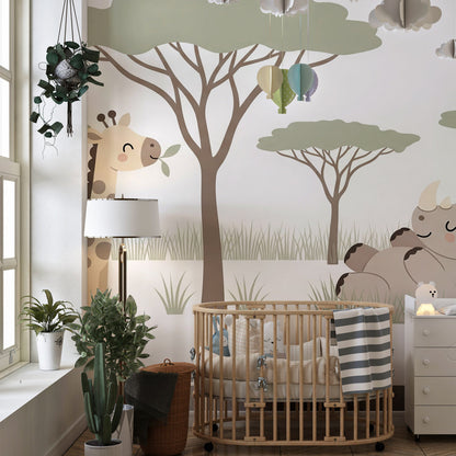 Kids-Mundo giraffe and rhino wall mural adding a calm scene to a playroom wall