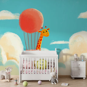 Sky adventure giraffe wallpaper creating dreamy atmosphere in children's bedroom decor