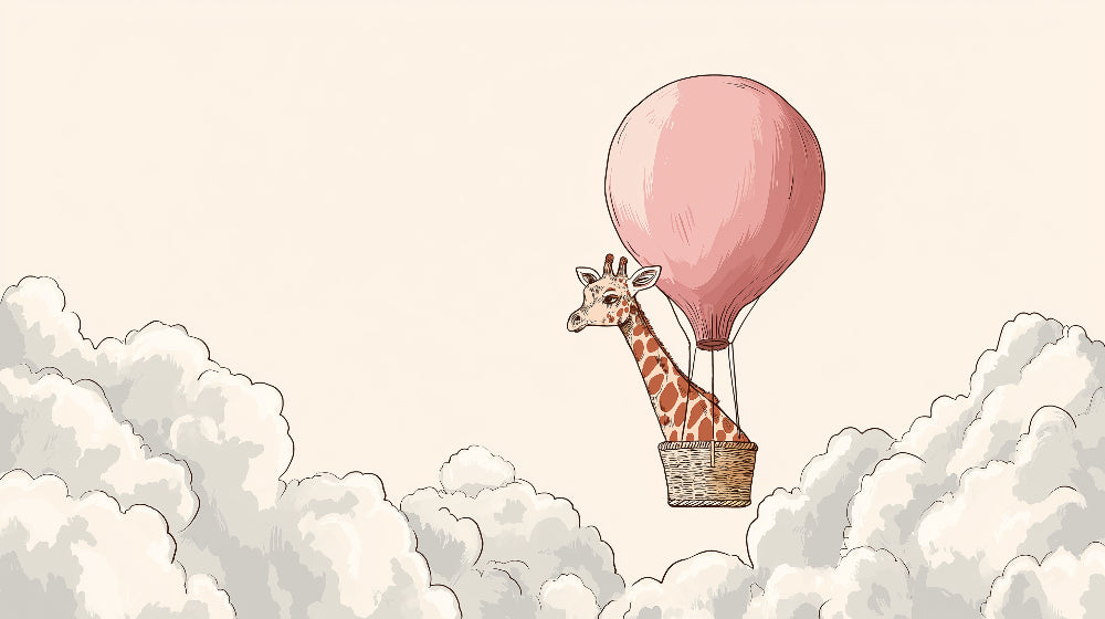 Detailed giraffe hot air balloon mural wallpaper design pattern with dreamy clouds by Kids-Mundo