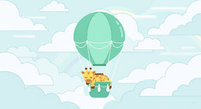 Detailed giraffe hot air balloon mural wallpaper design pattern with clouds and pastel sky by Kids-Mundo