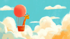 Detailed giraffe hot air balloon mural wallpaper design pattern with blue sky by Kids-Mundo