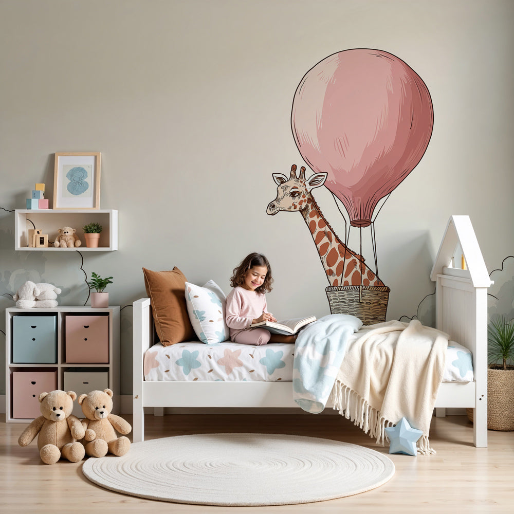Giraffe hot air balloon mural wallpaper decorating modern baby nursery by Kids-Mundo