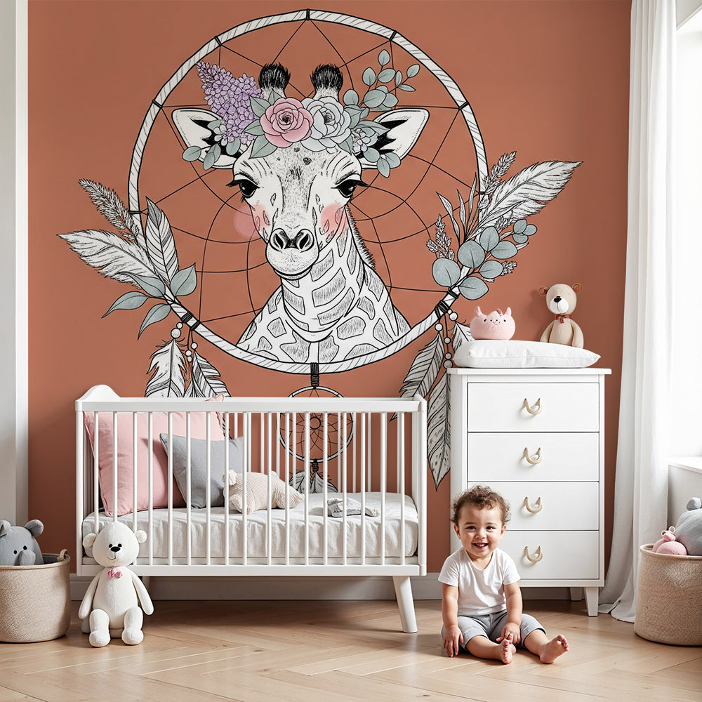 Kids-Mundo boho giraffe dreamcatcher wall mural styled in a terracotta nursery