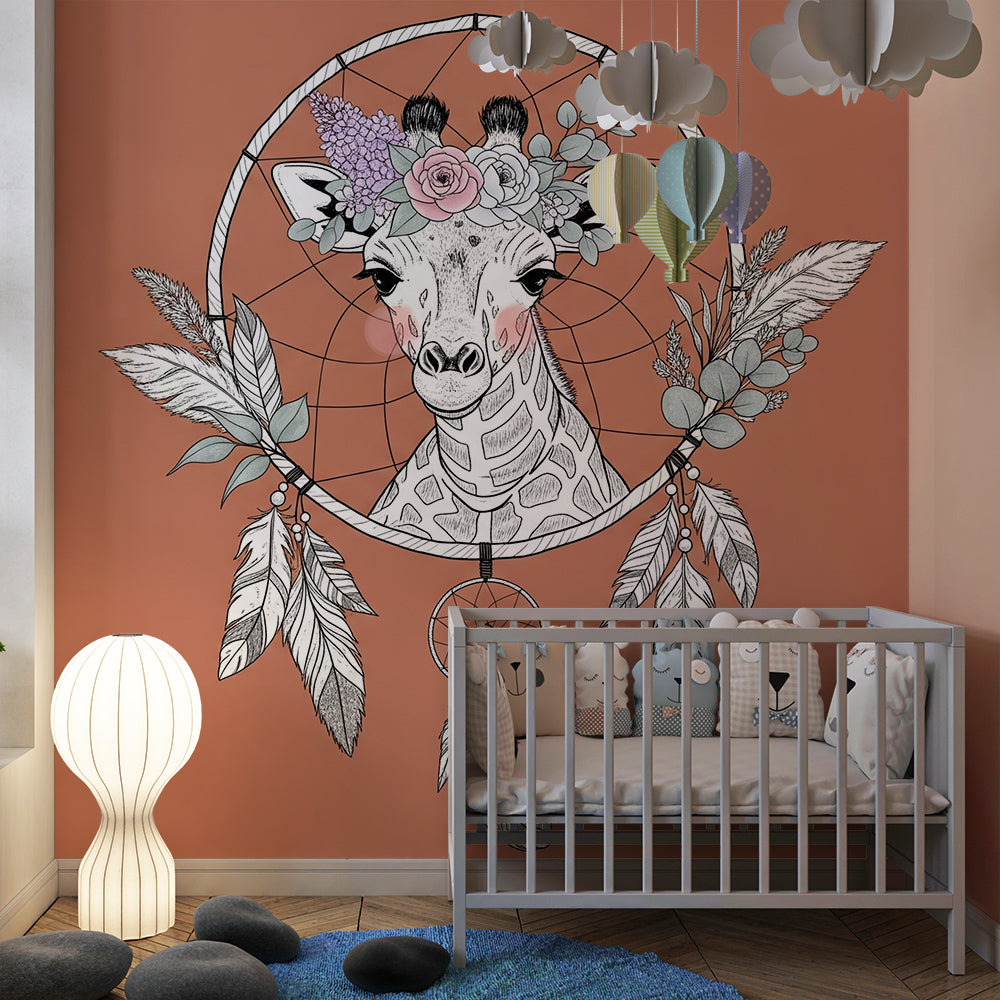 Kids-Mundo giraffe dreamcatcher wall mural in a bright, boho-styled playroom