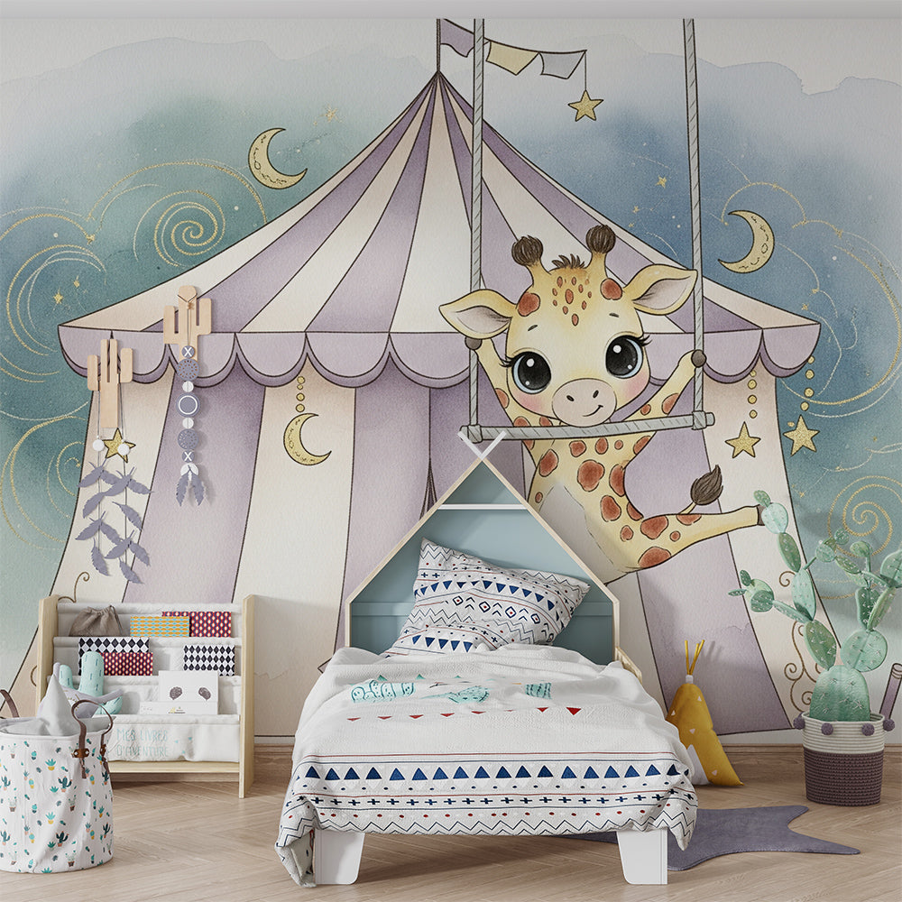 Kids-Mundo watercolour giraffe wall mural above a cot in a baby's bedroom