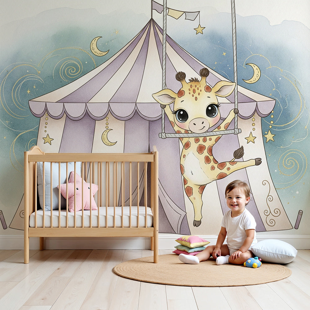Kids-Mundo baby giraffe trapeze wall mural in a soft lavender baby nursery