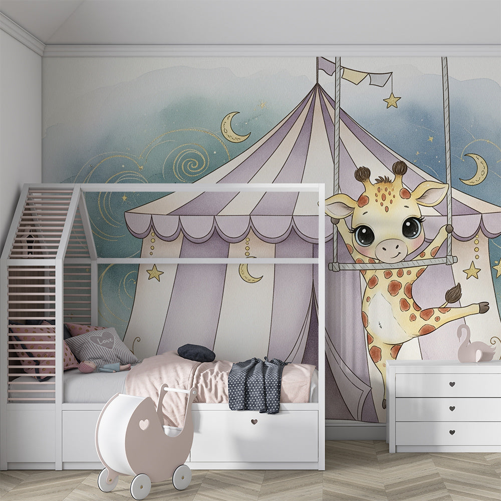 Kids-Mundo circus trapeze giraffe wall mural in a calm children's playroom