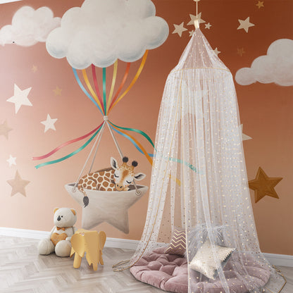 Kids-Mundo giraffe cloud balloon wall mural on a feature wall in a kids bedroom
