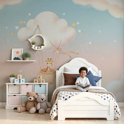 Kids-Mundo baby giraffe cloud balloon wall mural made to measure in a pastel baby nursery