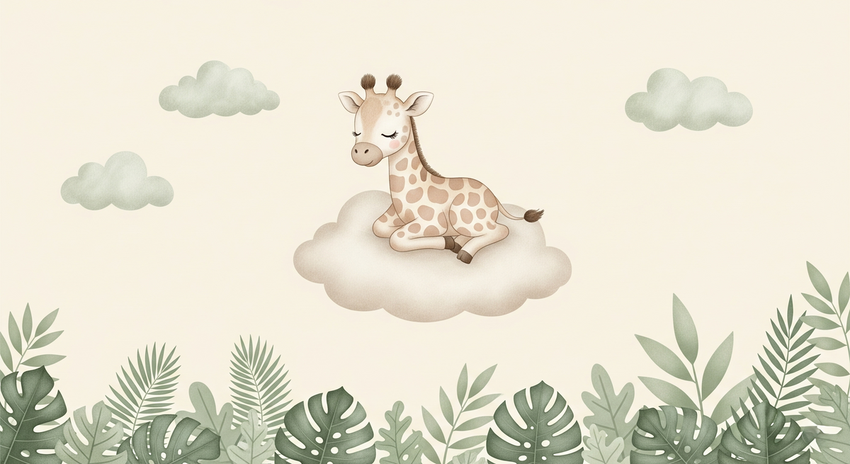 Baby Giraffe on a Cloud with Jungle Leaves Wall Mural