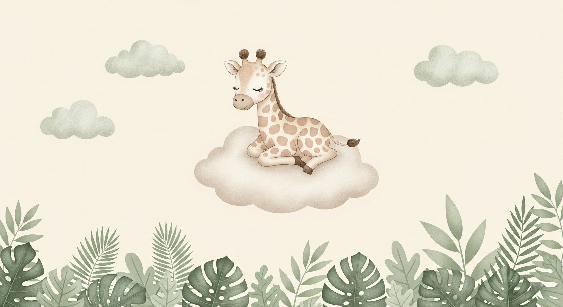 Kids-Mundo flat artwork of a baby giraffe resting on a cloud framed by monstera leaves