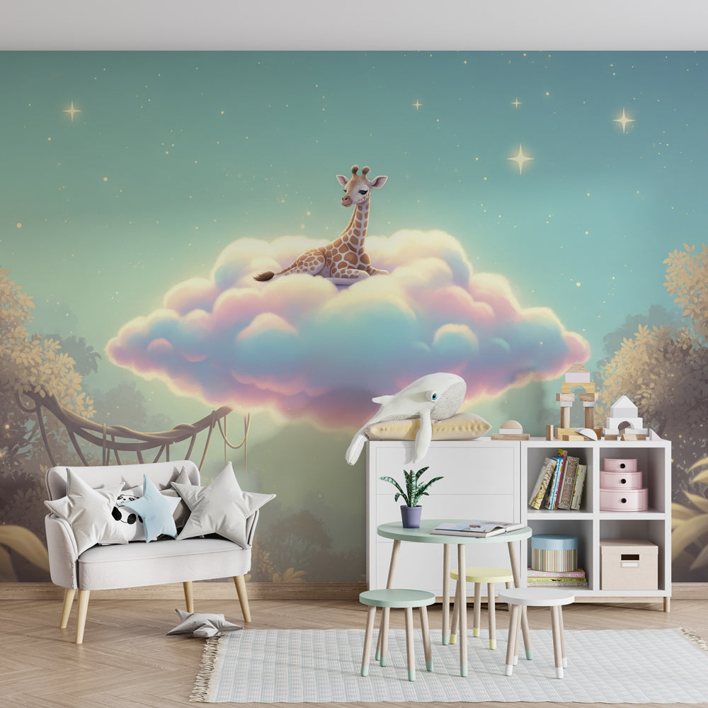 Safari giraffe wallpaper in children's bedroom with peaceful cloud design for imaginative play