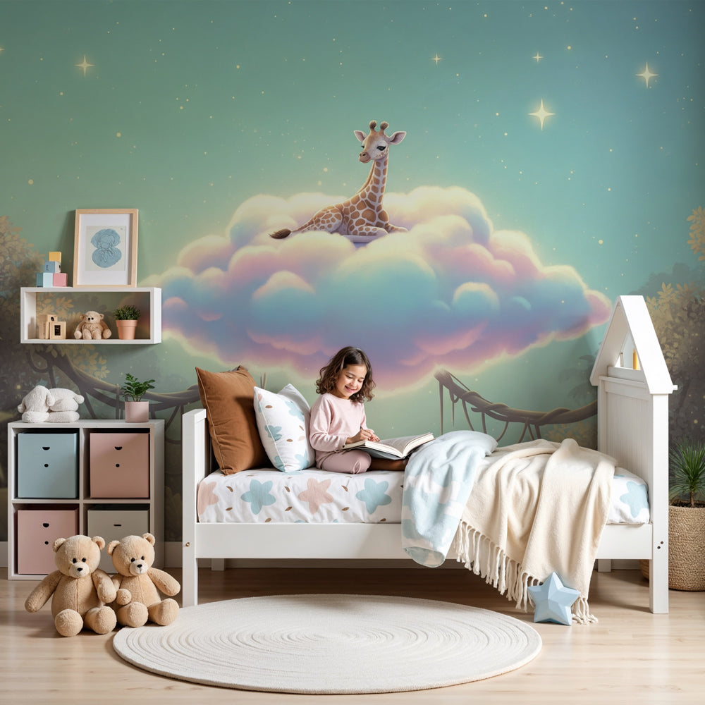 Giraffe cloud mural wallpaper creating magical nursery atmosphere with dreamy safari theme by Kids-Mundo