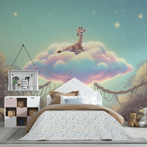 Dreamy giraffe mural wallpaper transforming kids playroom with whimsical safari cloud theme