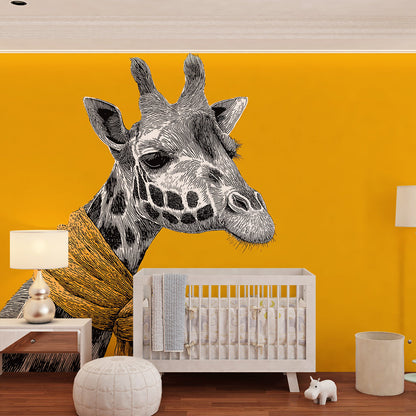 Kids-Mundo mustard giraffe scarf wall mural featured in a kids bedroom