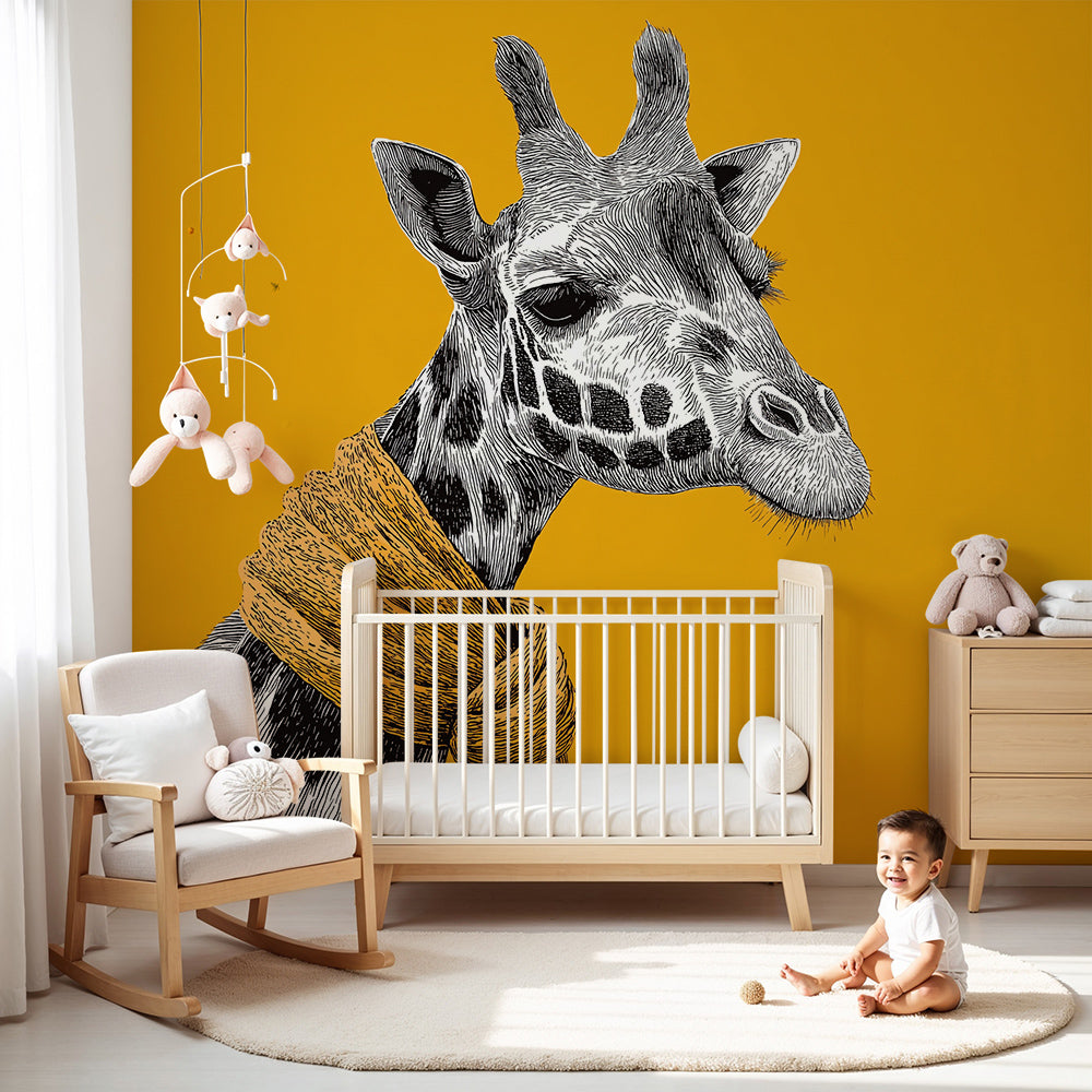 Kids-Mundo bold giraffe in scarf wall mural styled in a warm kids nursery