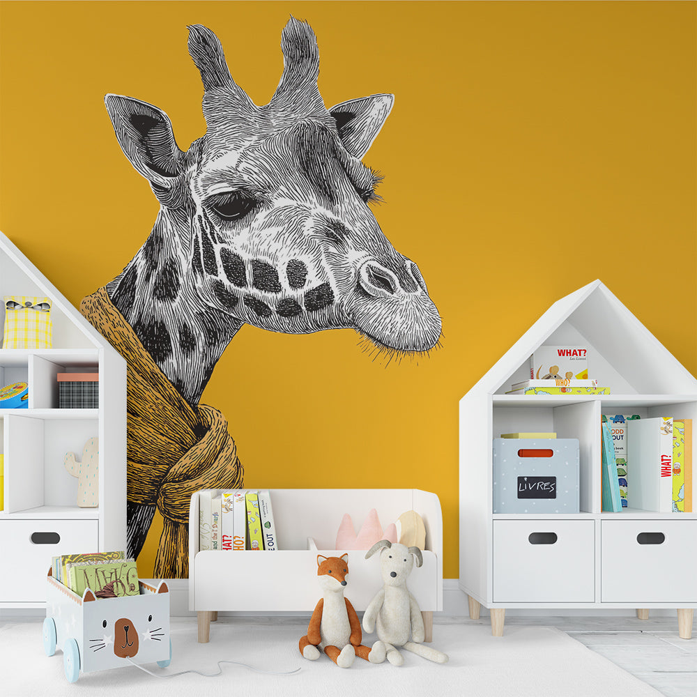 Kids-Mundo bold scarf-wearing giraffe wall mural in a kids playroom corner