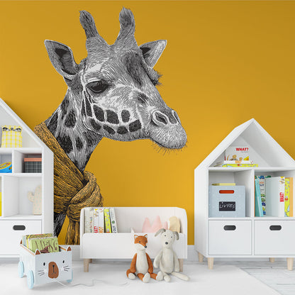 Kids-Mundo bold scarf-wearing giraffe wall mural in a kids playroom corner