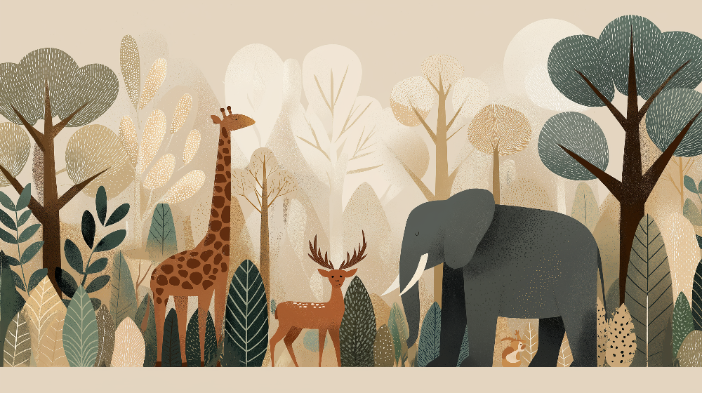 Giraffe, Deer and Elephant Safari Forest Wall Mural
