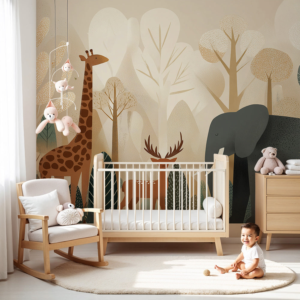 Kids-Mundo giraffe, deer and elephant safari wall mural made to measure for a nursery