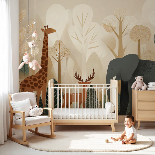 Kids-Mundo giraffe, deer and elephant safari wall mural made to measure for a nursery