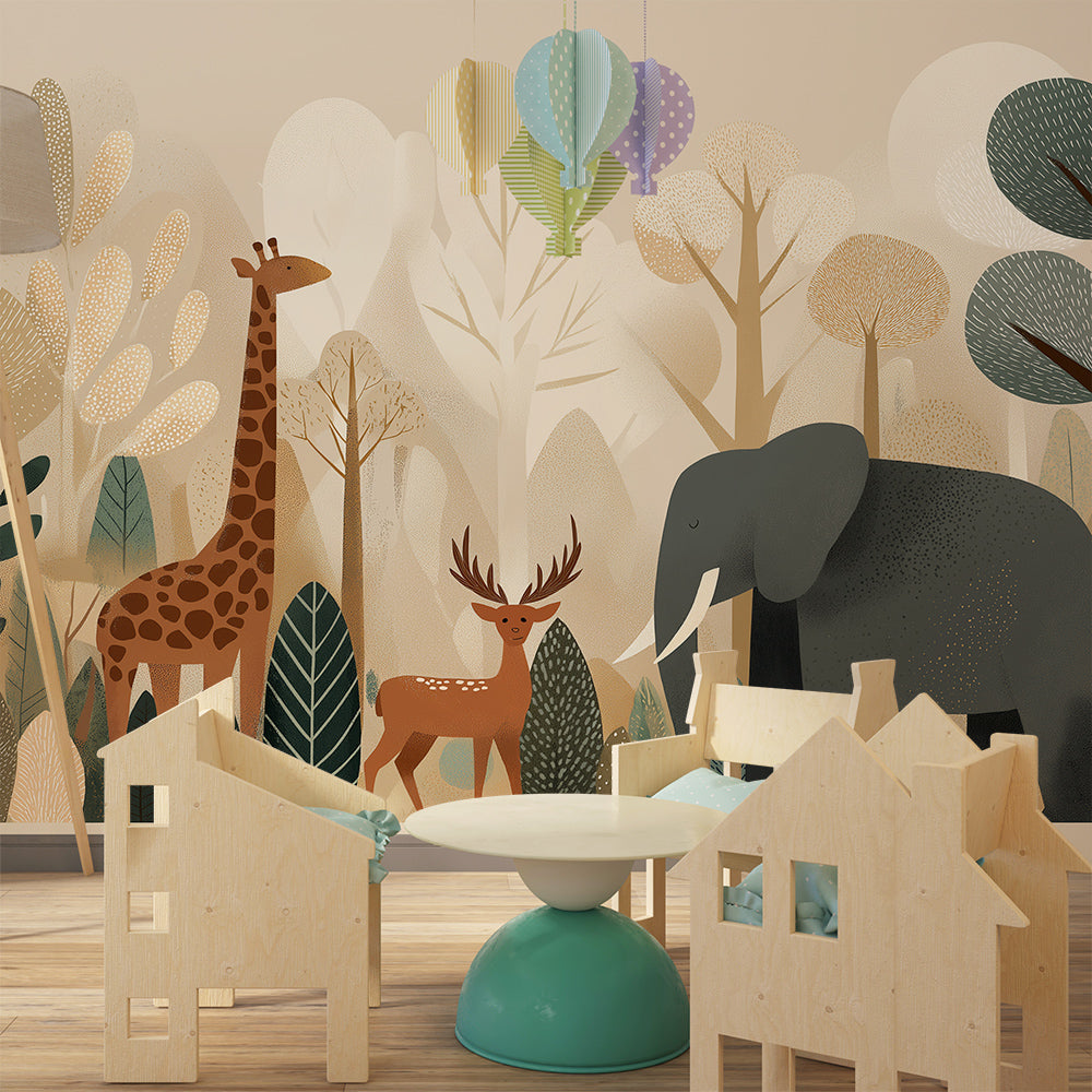 Kids-Mundo giraffe, deer and elephant mural bringing a safari forest scene to a playroom