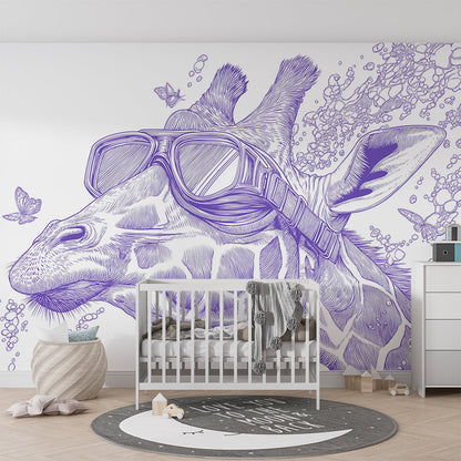 Kids-Mundo giraffe with diving goggles wall mural behind a bed in a bold kids' bedroom.
