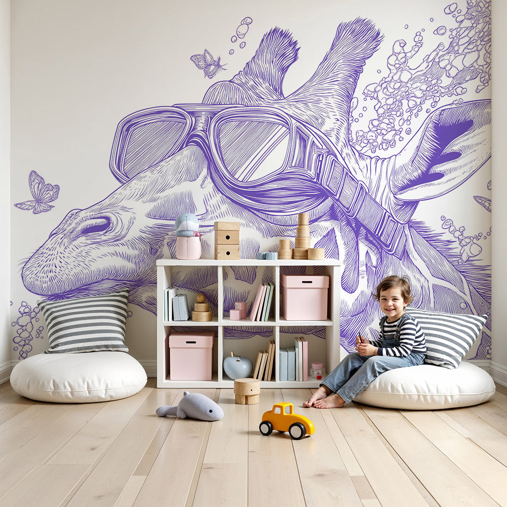 Kids-Mundo diving giraffe wall mural in a bright nursery with a white cot and playful accents.