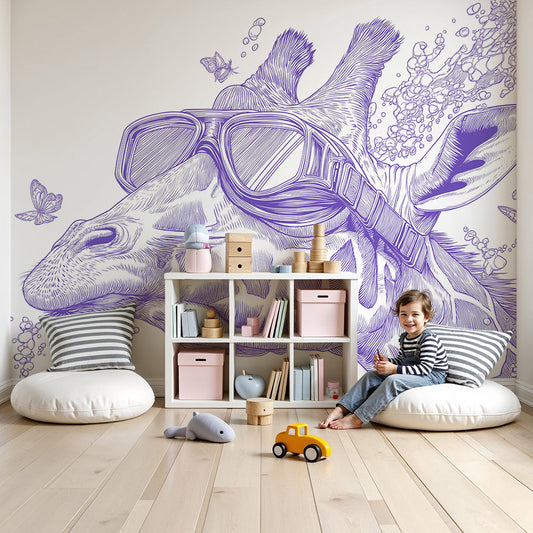 Kids-Mundo diving giraffe wall mural in a bright nursery with a white cot and playful accents.