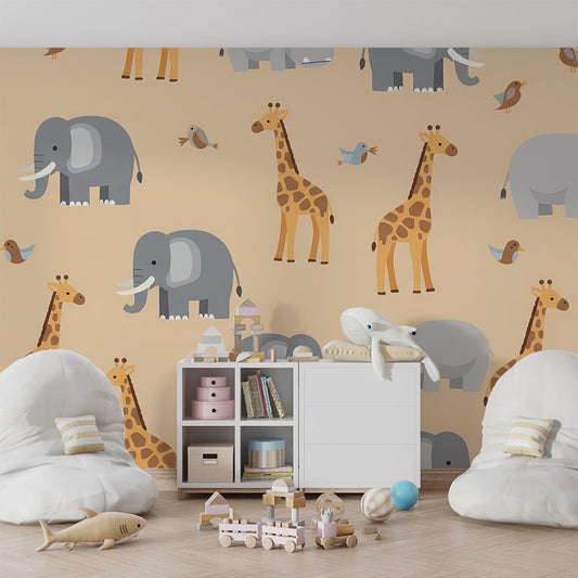 Kids-Mundo playful animal pattern mural featured in a warm kids bedroom
