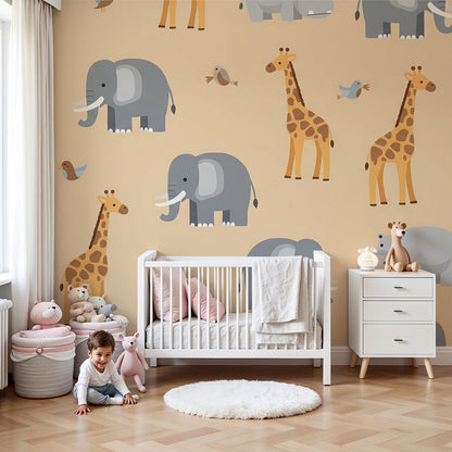Kids-Mundo giraffe and elephant pattern wall mural styled in a beige nursery